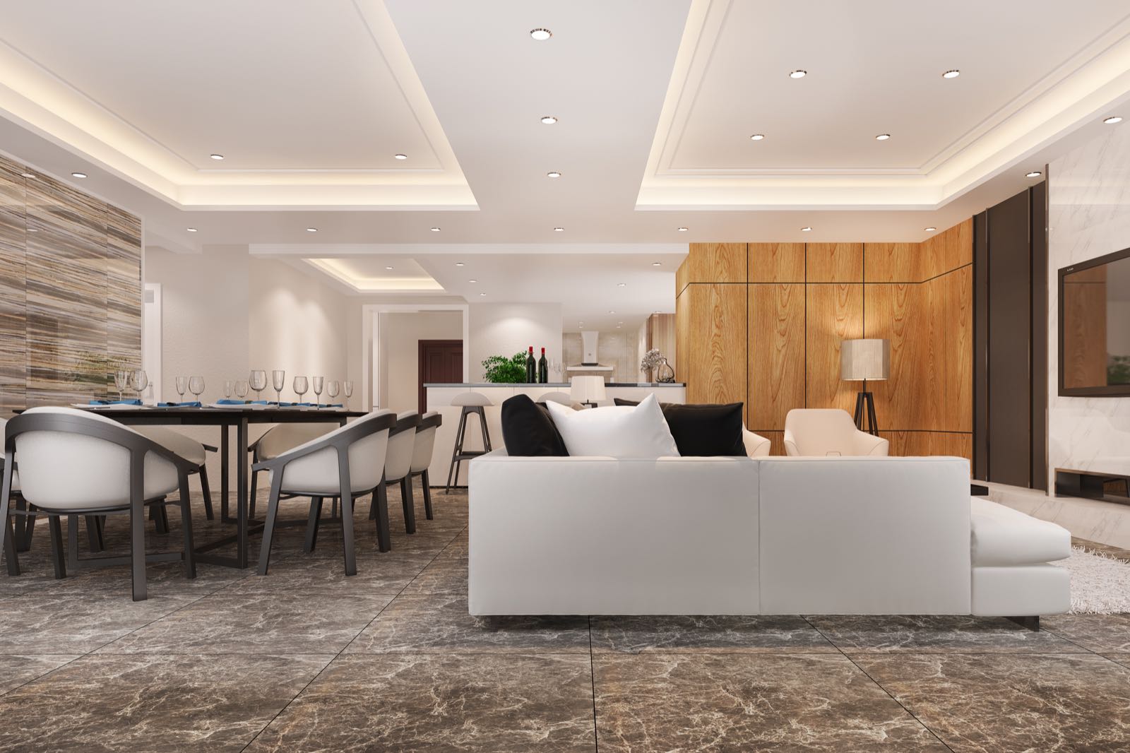 Moderner Wohnraum mit abgehängter Decke und indirekter Beleuchtung – Innenausbau